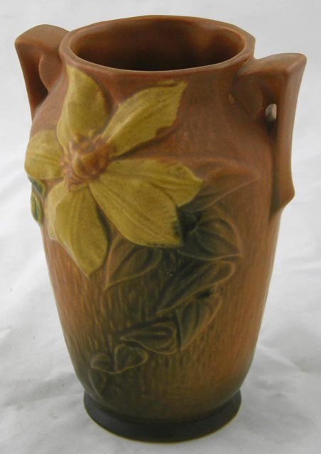 Roseville Brown Clematis Handled Vase, # 105: Roseville Brown Clematis Handled Vase, # 105-7, H.- 7 1/4 in., W.- 5 1/4 in., D.- 5 in.