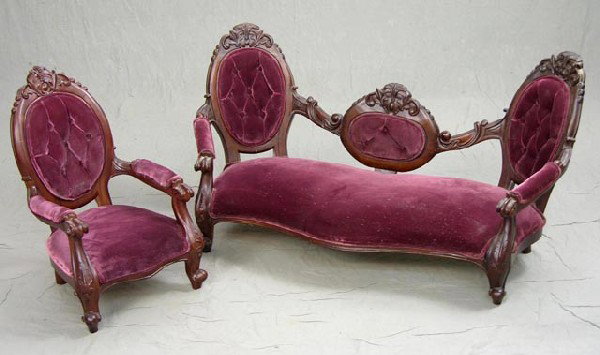 Unusual Carved Mahogany Victorian Style Chi: Unusual Carved Mahogany Victorian Style Child's Parlor Suite, 20th c., consisting of a triple chair back settee, and a medallion back armchair, all on carved cabriole legs to French toes, Settee- H.- 