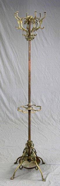 Unusual Brass Hat Rack-Umbrella Stand, ear: Unusual Brass Hat Rack-Umbrella Stand, early 20th c., the top with hooks, the middle with cutouts for umbrellas, the central bottom with a circular drip tray, the whole on four cabriole legs to paw fe