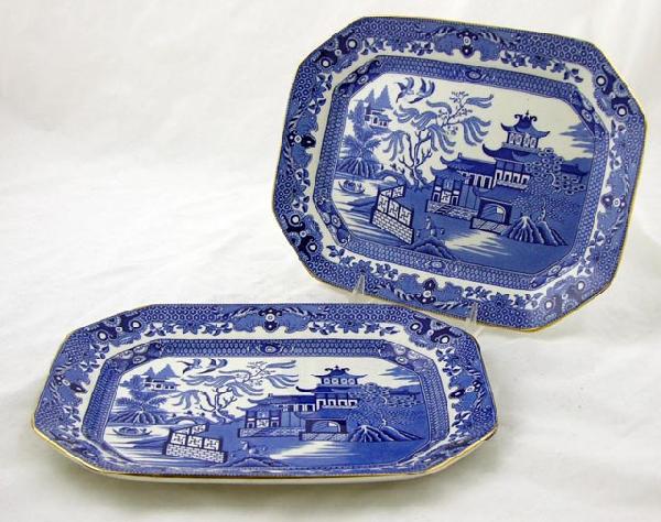 Two Blue Willow Octagonal Platters, c. 190: Two Blue Willow Octagonal Platters, c. 1900, by Burleigh Ware, Burslem, in the "Willow" pattern, H.- 1 1/8 in., W.- 11 1/8 in., D.- 8 1/2 in.