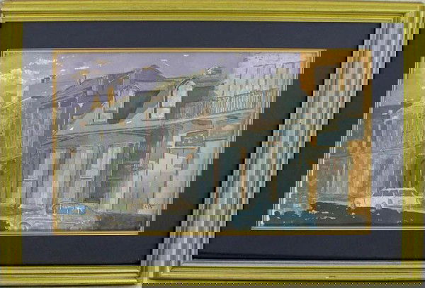 New Orleans School, "Day Break in the Fren: New Orleans School, "Day Break in the French Quarter," 20th c., watercolor, signed l.l. in monogram "RT," framed, H.- 10 1/8 in., W.- 16 1/2 in.