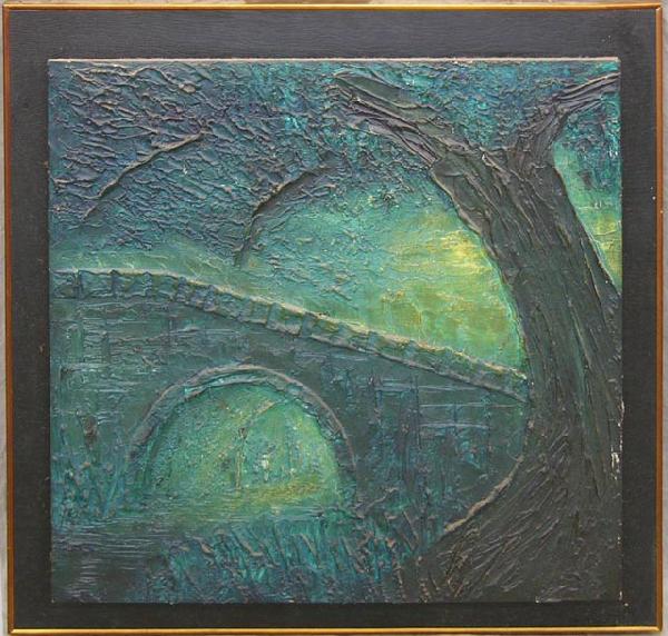 New Orleans School, "The Bridge at City Pa: New Orleans School, "The Bridge at City Park," early 20th c., impasto on plywood, mounted on board, H.- 24 in., W.- 24 in.