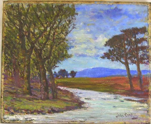 John Cook, "The Stream Through the Woods,": John Cook, "The Stream Through the Woods," 20th c., oil on canvas, signed l.r., unframed, H.- 14 5/8 in., W.- 18 in.