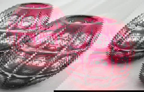 Pair of Cranberry-to-Clear Cut Crystal Glo: Pair of Cranberry-to-Clear Cut Crystal Globe Vases, 20th c., signed F. Stallard (Fredrikson Stallard) , H.- 5 1/2 in., Dia.- 6 1/8 in.