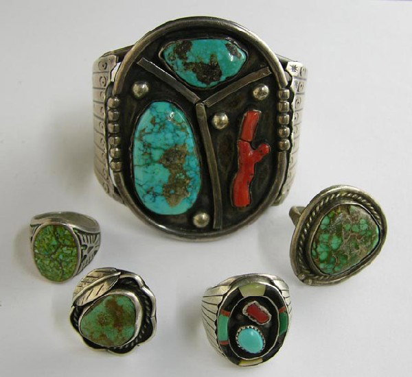 Group of Five Pieces of Western Sterling: Group of Five Pieces of Western Sterling and Turquoise Jewelry- a bracelet and 4 rings.