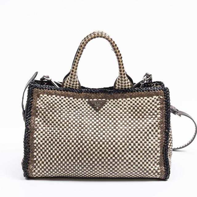 Prada Madras Tote Bag, in ivory and olive woven calf (1 of 7)