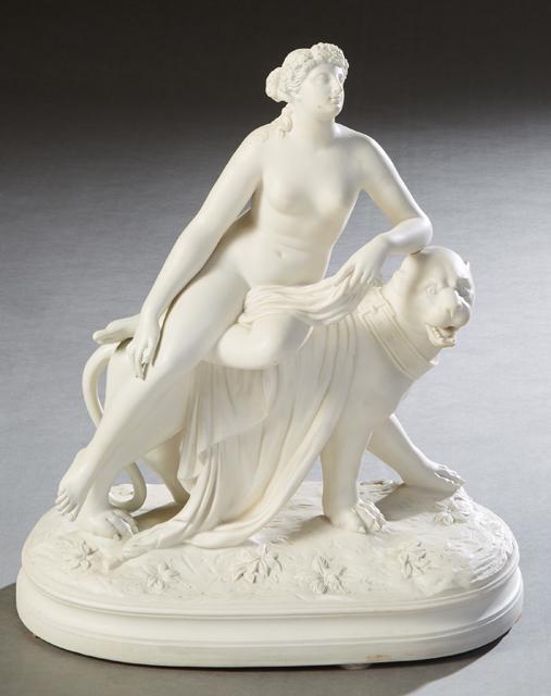Parian Figure of a Nude Classical Woman, 19th c.,: Parian Figure of a Nude Classical Woman, 19th c., reclining atop a lion, on a stepped integral oval base, H.- 15 1/2 in., W.- 13 1/2 in., D.- 7 1/4 in. Provenance: The Collection of Ronald Ralpheal Le