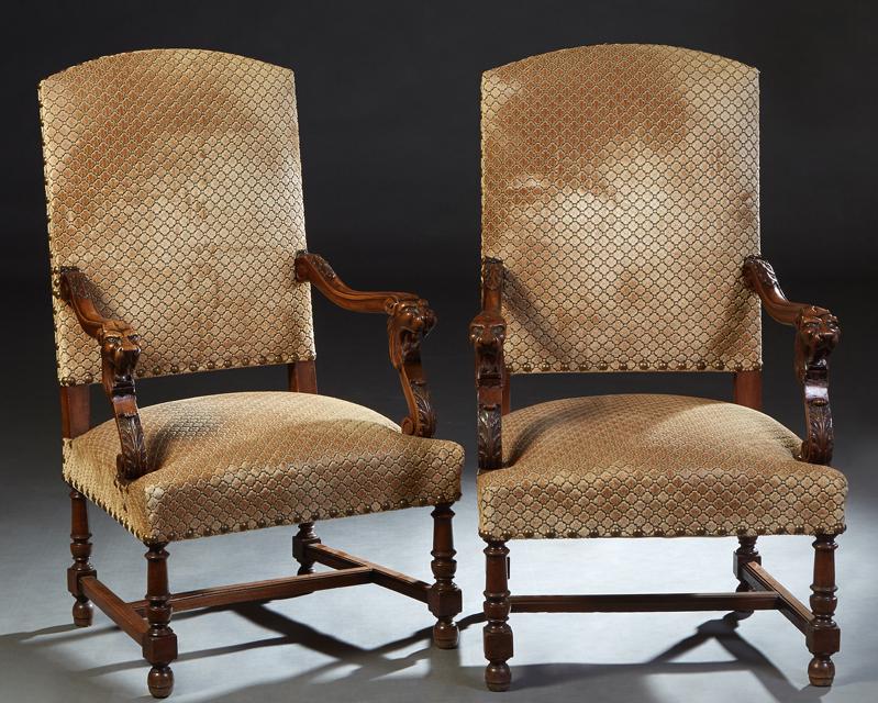 Pair of French Louis XIV Style Carved Walnut Fauteuils, (1 of 1)