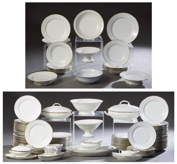 One Hundred Twelve Piece French Limoges Porcelain: One Hundred Twelve Piece French Limoges Porcelain Dinner Service, 20th c., by J. B. T. et Cie., with gilt rims and gilt line decoration, consisting of 80 dinner plates, 11 soup bowls, 2 covered oval v