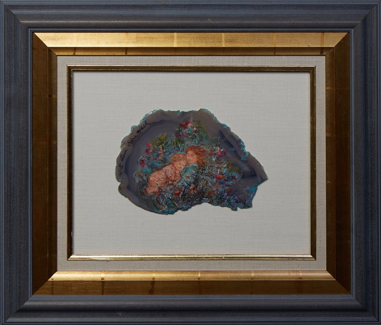 Edna Hibel (1917-2015, Massachusetts/Florida), "With: Edna Hibel (1917-2015, Massachusetts/Florida), "With Love Edna Hibel," 20th c., oil on geode, titled in sharpie upper left and en verso, signed lower left, presented with a linen mat and gray and gilt