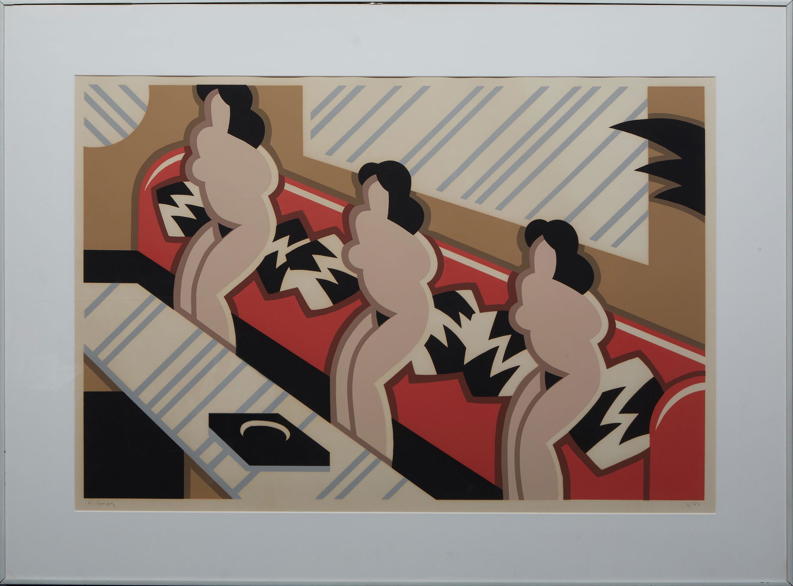 Robert Gordy (1933-1986, Louisiana), "Red Sofa, No. 3,": Robert Gordy (1933-1986, Louisiana), "Red Sofa, No. 3," silkscreen on paper, editioned 16/80 in pencil lower right, pencil signed lower left, H.- 23 7/8 in., W.- 34 1/8 in., Framed H.- 32 1/4 in., W.-