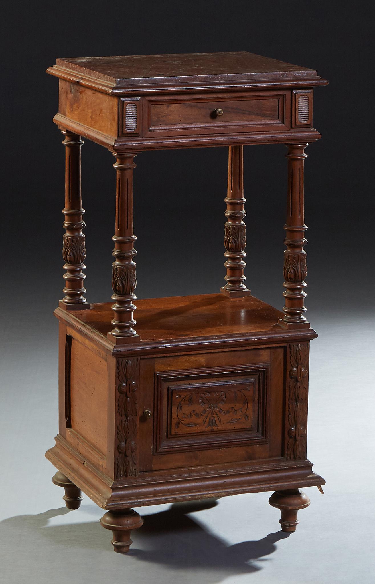 French Carved Walnut Marble Top Nightstand, early 20th (1 of 1)