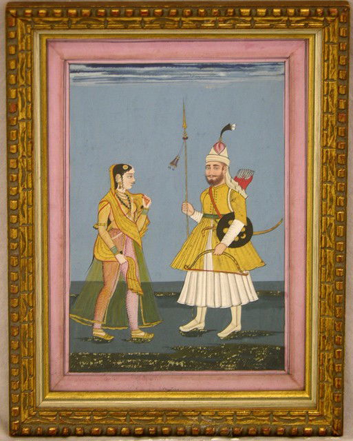 Indian School, "Well Dressed Couple," 19th c., wat: Indian School, "Well Dressed Couple," 19th c., water color and gold leaf, framed, H.- 10 in., W.- 6 1/2 in.