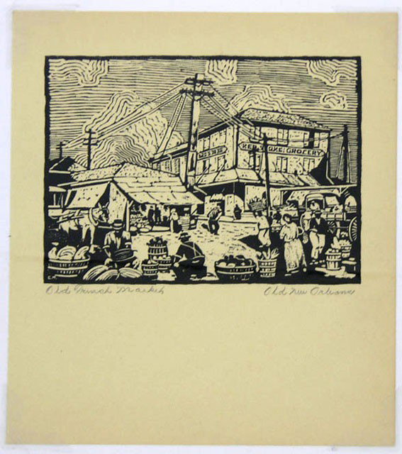 Clarence Millet (1897-1959), "Old French Market," : Clarence Millet (1897-1959), "Old French Market," 20th c., woodblock print, pencil titled l.l. margin, marked "Old New Orleans," shrink wrapped, H.- 6 in., W.- 7 in.