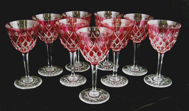 Set of Nine Cranberry-to-Clear Cut Crystal White W: Set of Nine Cranberry-to-Clear Cut Crystal White Wine Stemmed Glasses, early 20th c., the underside with eight pointed star decoration, H.- 5 3/16 in., Dia.- 3 in.
