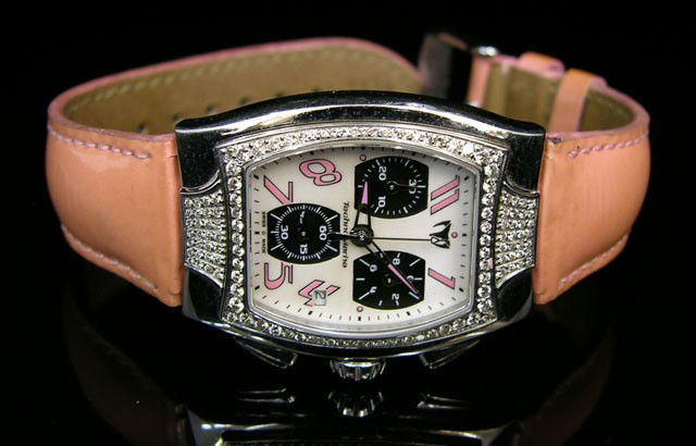 TechnoMarine Lady's Wristwatch, #TS 2814, the case: TechnoMarine Lady's Wristwatch, #TS 2814, the case set with 124 small round diamonds, on a pink leather band, total diamond wt.- 1.2 cts.