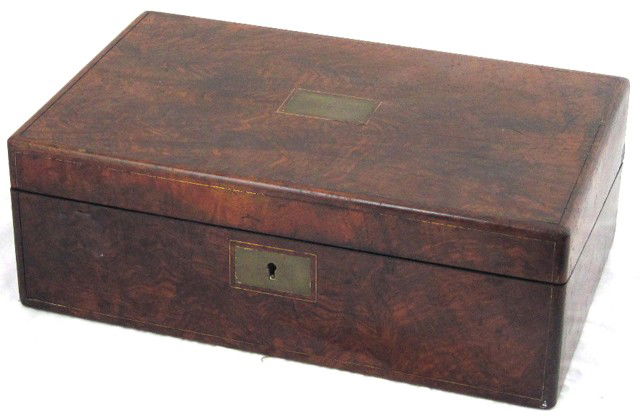 English Burl Walnut Brass Inlaid Lap Desk, c. 1860: English Burl Walnut Brass Inlaid Lap Desk, c. 1860, the top with a brass plaque monogrammed "CA," the interior with a writing slope, fitted for inkwells, a pen tray and note cards and envelopes, H.- 5