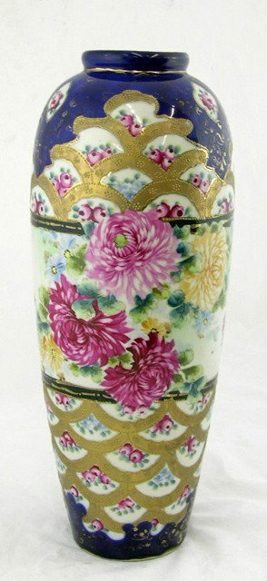 Nippon Style Tall Baluster Vase, 19th c., with han: Nippon Style Tall Baluster Vase, 19th c., with hand painted floral and gilt decoration on a blue ground, H.- 17 3/4 in., Dia.- 6 3/4 in.