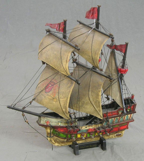 Polychromed Carved Wood Ships Model, late 20th c.,: Polychromed Carved Wood Ships Model, late 20th c., of the "Peter von Danzig," a three masted 15th century galleon, on a wooden stand, H.- 27 1/2 in., D.- 9 in.
