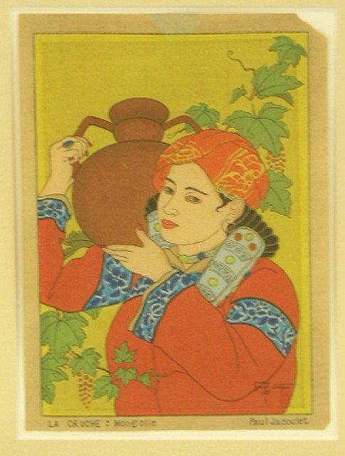 Paul Jacoulet (1902-1960), "La Cruche: Mongolie,": Paul Jacoulet (1902-1960), "La Cruche: Mongolie," 20th c., colored print, matted, unframed, H.- 6 1/2 in., W.- 4 1/2 in.