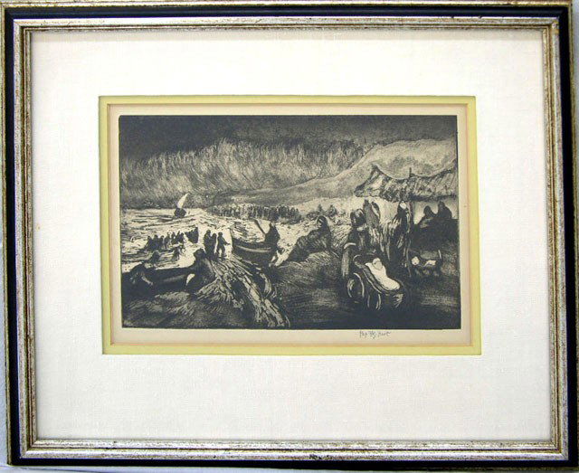 George O. "Pop" Hart ( 1868-1933), "Bathing Beach,: George O. "Pop" Hart ( 1868-1933), "Bathing Beach," 1925, aquatint, pencil signed l.r., framed, H.- 8 3/4 in., W.- 12 1/4 in.