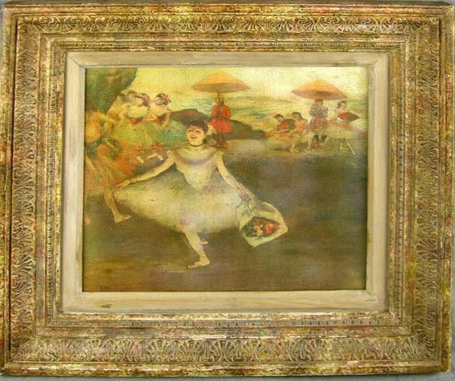 After Edgar Degas (1834-1917), "Ballerina Taking a: After Edgar Degas (1834-1917), "Ballerina Taking a Bow," 20th c., oil on canvas, signed l.l., framed, H.- 12 1/4 in., W.- 13 in.