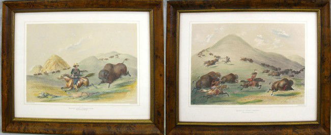 George Catlin, "Buffalo Hunt, Chase," and "Buffalo: George Catlin, "Buffalo Hunt, Chase," and "Buffalo Hunt, Chasing Back," 20th c., pair of colored prints from his "North American Indian Collection," framed, H.- 12 3/4 in., W.- 18 5/8 in.