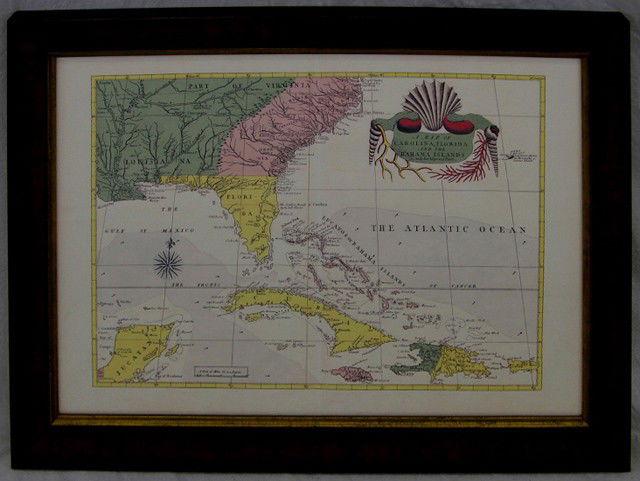 Mark Catesby, "Map of the Gulf of Mexico," 20th c.: Mark Catesby, "Map of the Gulf of Mexico," 20th c., after the 1731 original, presented in an antique mahogany frame with faux bois sides, H.- 19 1/2 in., W.- 27 1/4 in.