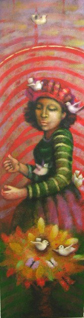 Jose Alfaro, "The Visitors," 20th c., acrylic on c: Jose Alfaro, "The Visitors," 20th c., acrylic on canvas, titled verso, unframed, H.- 57 in., W.- 15 in.