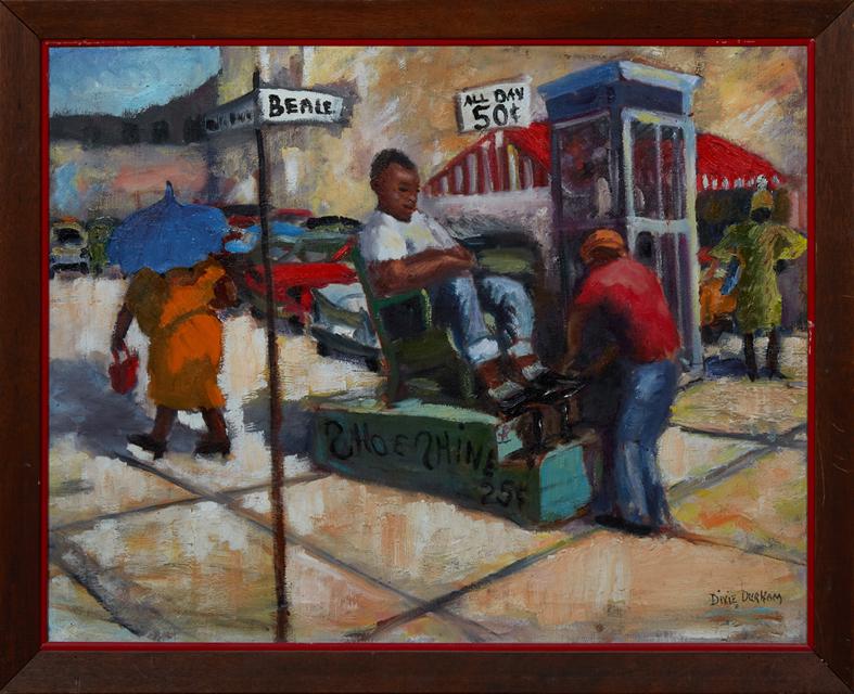 Dixie Durham (1913-2010, Arkansas), "Memphis Street: Dixie Durham (1913-2010, Arkansas), "Memphis Street Scene," 20th c., oil on canvas, signed lower right, presented in a mahogany frame, H.- 22 in., W.- 27 3/4 in; framed H.- 25 1/4 in., W.- 31 in., D.-