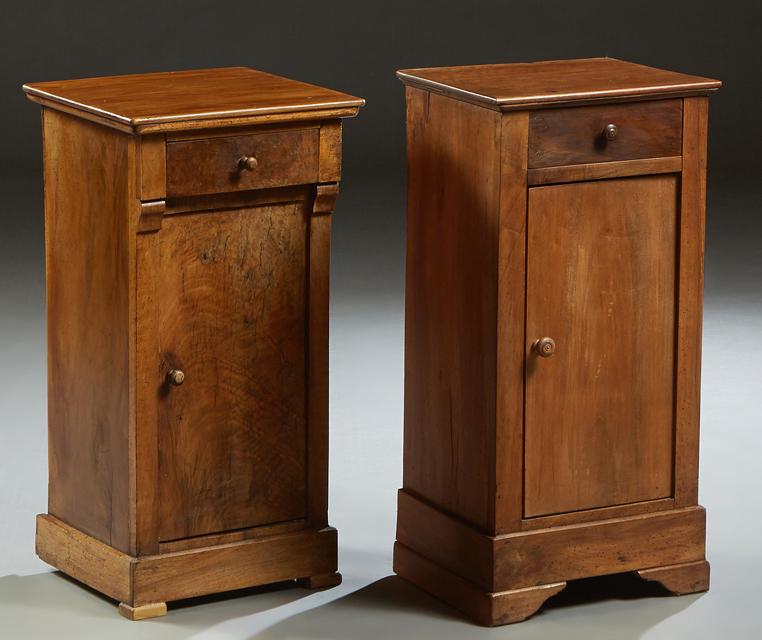 Near Pair of French Louis Philippe Style Carved Walnut: Near Pair of French Louis Philippe Style Carved Walnut Nightstands, late 19th c., the rectangular top over a frieze drawer, and a long cupboard door, on a plinth base on bracket feet, H.- 30 3/8 in., 