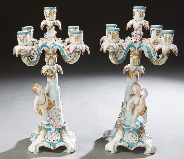 Pair of Meissen Style Five Light Porcelain Candelabra, (1 of 3)