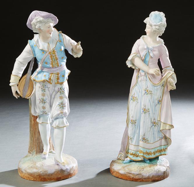 Pair of Large Continental Polychromed Bisque Figures, (1 of 2)