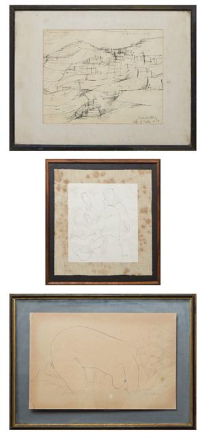 Xavier de Callatay (1932-1999, Belgium/New Orleans),: Xavier de Callatay (1932-1999, Belgium/New Orleans), Three Works on Paper, "Hills of Fieble," c. 1959, "Two Guitar Players," 1957, and "Pensive Nude on Bed," 1957, ink on paper, signed and dated lower