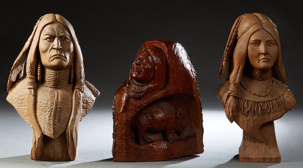 Group of Three Carved Wooden Native American Heads, (1 of 1)