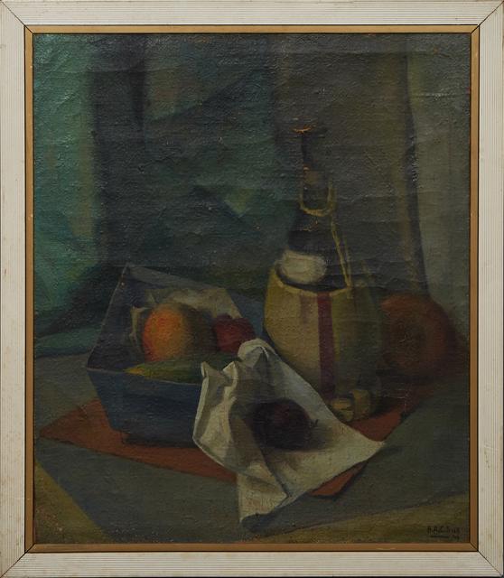 P.A.C. Sica, "Still Life of Fruit and Wine," 1940, oil: P.A.C. Sica, "Still Life of Fruit and Wine," 1940, oil on burlap, signed and dated lower right, signed "SICA" en verso, presented in a wood frame, H.- 27 5/8 in., W.- 23 1/4 in., Framed H.- 30 5/8 in.