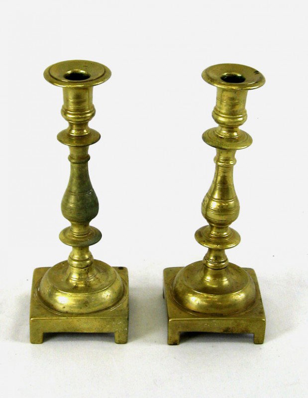 Pair of Heavy Brass Candlesticks, 19th c., with tur: Pair of Heavy Brass Candlesticks, 19th c., with turned knopped shafts, on square stepped bases, H.- 8 3/4 in., W.- 3 1/4 in., D.- 3 1/4 in.