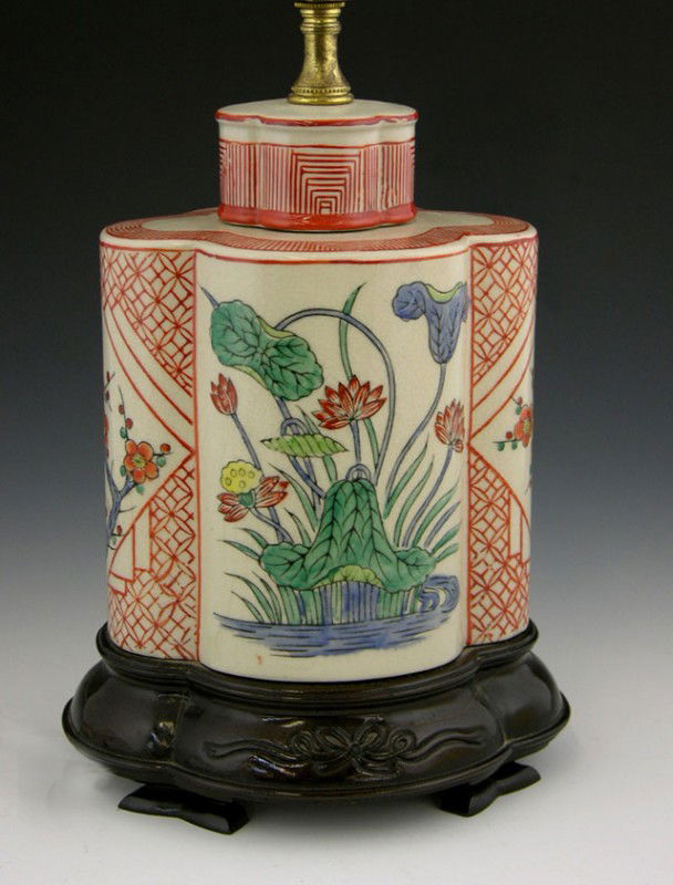 Oriental Lobed Covered Jar, early 20th c., with flo: Oriental Lobed Covered Jar, early 20th c., with floral decoration, now mounted as a lamp, H.- 10 1/2 in., W.- 8 1/4 in., D.- 7 in.