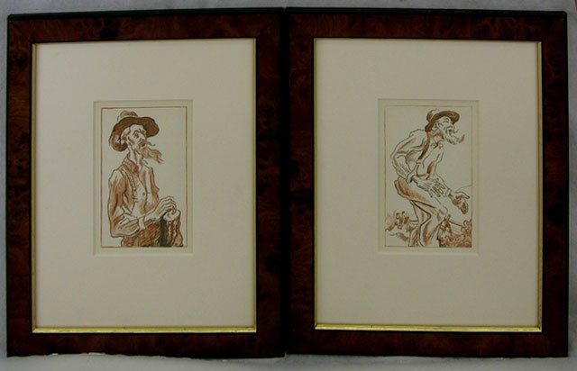 Thomas Hart Benton (1889-1975), "Farmers," 20th c.: Thomas Hart Benton (1889-1975), "Farmers," 20th c., pair of prints, presented in burled walnut frames, H.- 7 in., W.- 4 3/4 in.