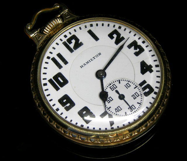 Hamilton Gold Filled Double Roller Pocket Watch, c: Hamilton Gold Filled Double Roller Pocket Watch, c. 1935, Model 992, Ser. # 2597679, 21 jewels, five positions, running, H.- 2 3/8 in., W.- 2 in.