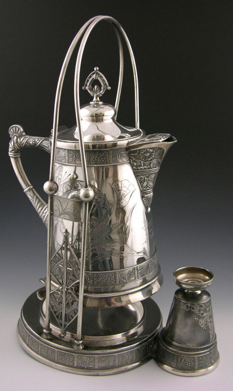 Silver Plated Ice Water Pitcher on Stand, c. 1880,: Silver Plated Ice Water Pitcher on Stand, c. 1880, by Pairpoint, with incised aesthetic decoration, with drip tray and goblet, H.- 19 1/2 in., Dia.- 9 1/2 in.