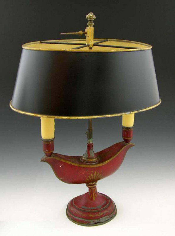 French Painted Tole Bouillotte Lamp, 19th c., of n: French Painted Tole Bouillotte Lamp, 19th c., of navette form, with a replace tole shade, now electrified, H.- 18 1/4 in., W.- 9 1/2 in., D.- 5 1/4 in.