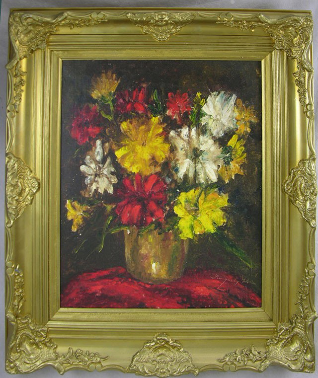 Continental School, "Still Life of Flowers in a Br: Continental School, "Still Life of Flowers in a Brass Bucket," 20th c., oil on canvas, signed indistinctly l.r., presented in a gilt and gesso frame, H.- 24 in., W.- 20 in.
