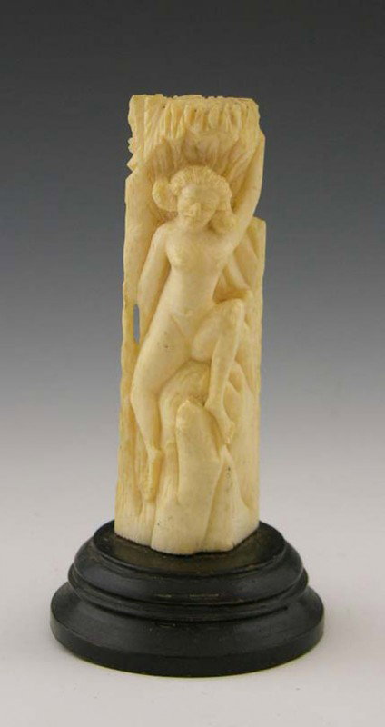 Chinese Carved Ivory Figure, early 20th c., of a n: Chinese Carved Ivory Figure, early 20th c., of a nude woman seated on a rocky crag, on a carved stepped circular mahogany plinth, Figure- H.- 4 1/8 in., W.- 1 3/8 in., D.- 7/8 in., Total H.- 5 1/8 in.