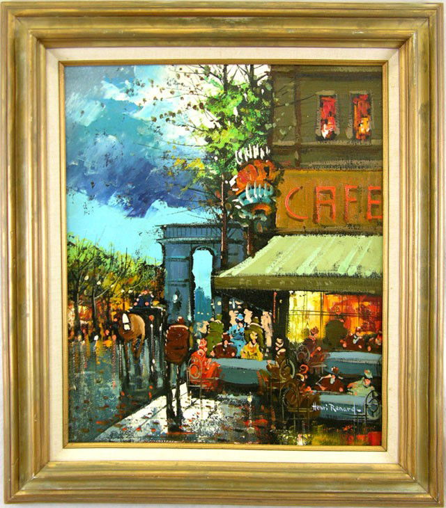 Henri Renard, "Paris Street Scene," 20th c., oil o: Henri Renard, "Paris Street Scene," 20th c., oil on canvas, signed l.r., framed, H.- 24 in., W.- 20 in.