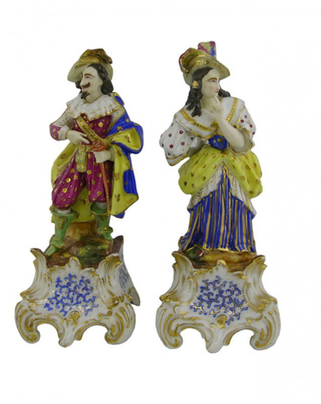 Pair of Polychromed Old Paris Porcelain Room Scen: Pair of Polychromed Old Paris Porcelain Room Scenters, mid 19th c., in the style of Jacob petit, in the form of an 18th c., gentleman and lady, on bases with "Bleu d'Celeste" and gilt tracery decorati