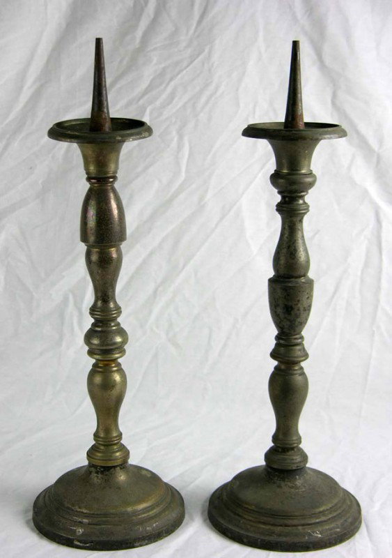 Pair of Metal Altar Pricket Candlesticks, 19th c.: Pair of Metal Altar Pricket Candlesticks, 19th c., with turned shafts, on turned stepped bases, H.- 20 1/2 in., Dia.- 7 in.