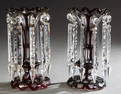 Pair of Cut-to-Clear Glass Ruby Overlay Girandoles, early 20th c., of trumpet form, hung with long