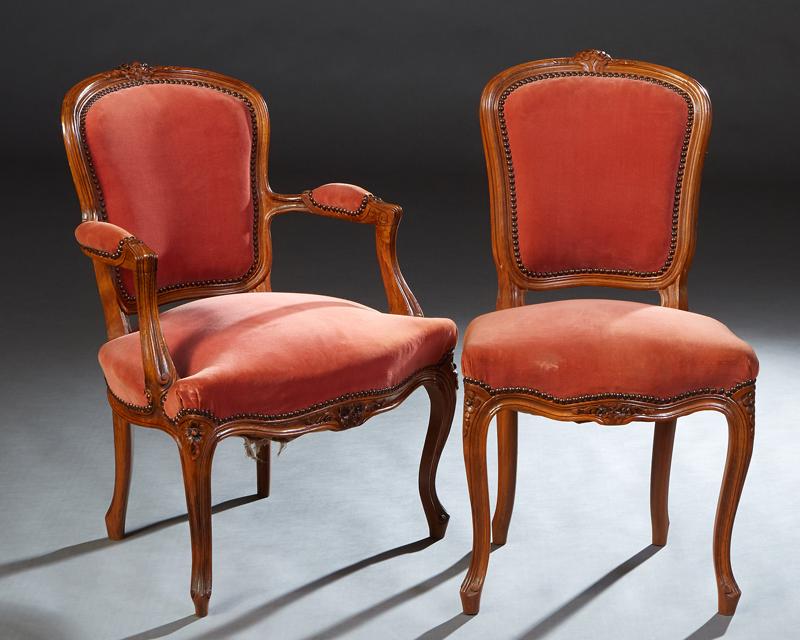 Two French Carved Beech Parlor Chairs, early 20th c., consisting of a fauteuil and a side chair, the (1 of 1)