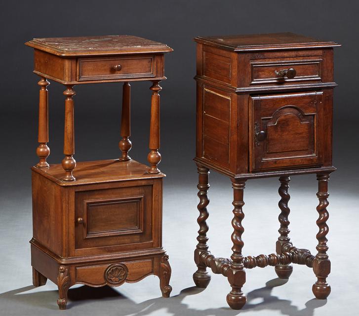 Two Louis Philippe Style Carved Walnut Nightstands, early 20th c., one with a highly figured brown (1 of 1)